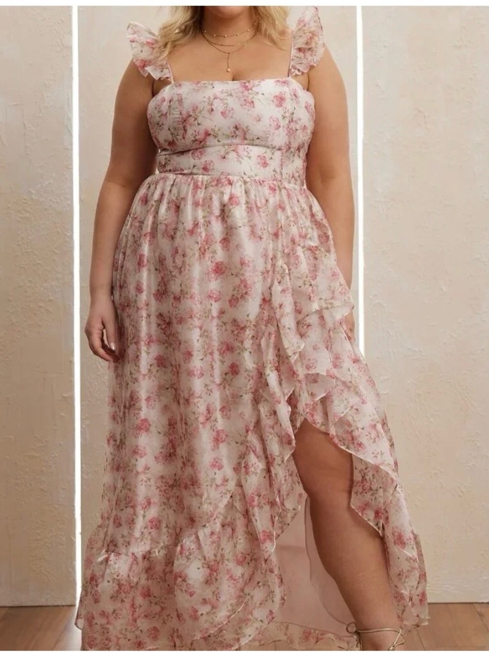 ARULA Pink Floral High-Low Ruffle Maxi Dress